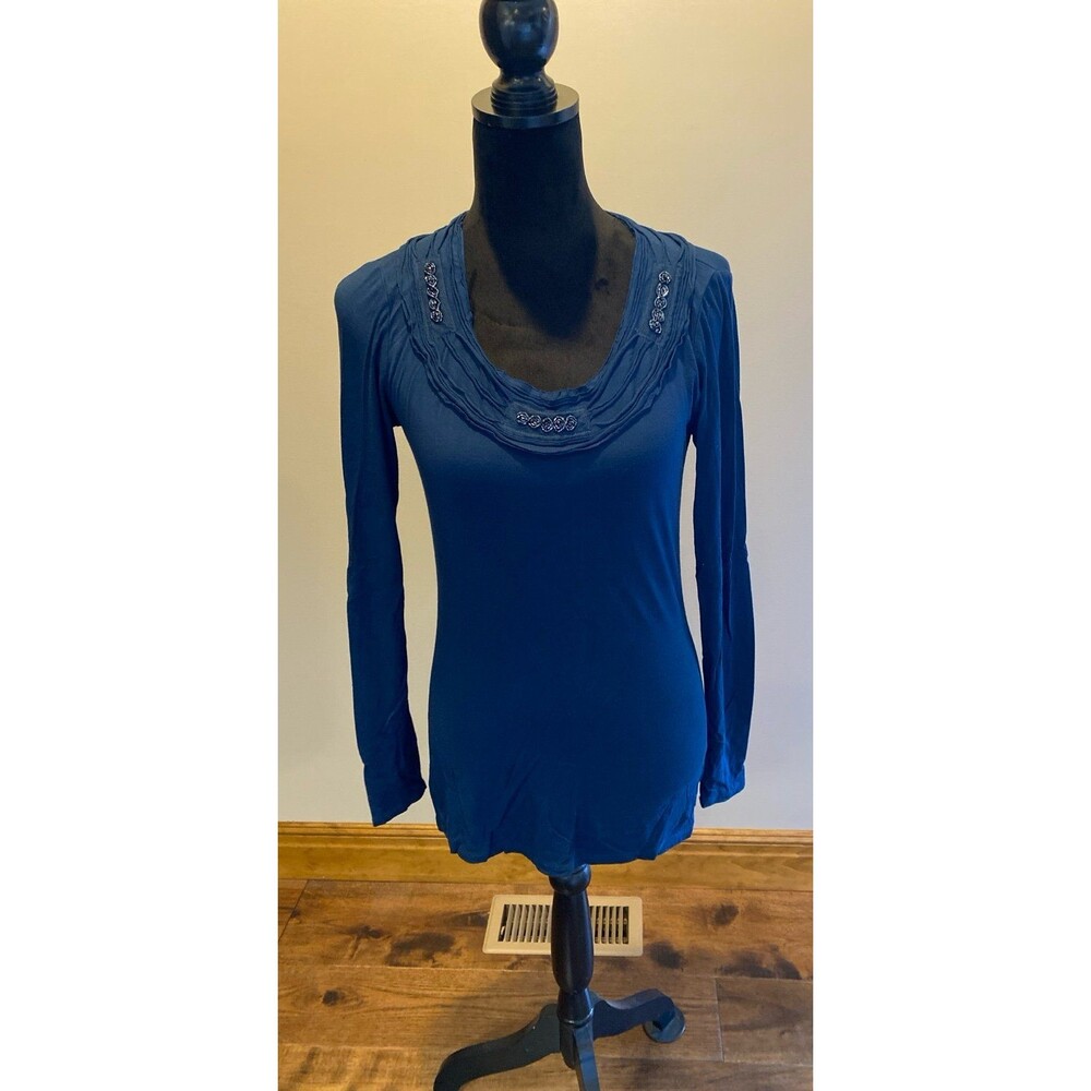 Adrienne Vittadini Studio Blouse Size Small Turquoise Blue Dressy Round Neck Top